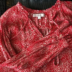 Loft M Blouse Red Tan Print Long Ruffled Sleeve w Button @ Wrist Fall Winter